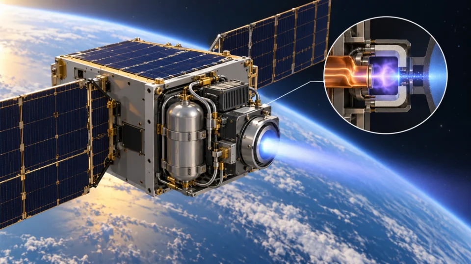 地球の縁を背景に小型衛星が推進系を作動させる編集イラスト。衛星に搭載されたタンク、配管、電力装置、ホールスラスタと、マイクロ波カソード内のプラズマおよび電子流を示す円形の断面図が描かれている。
