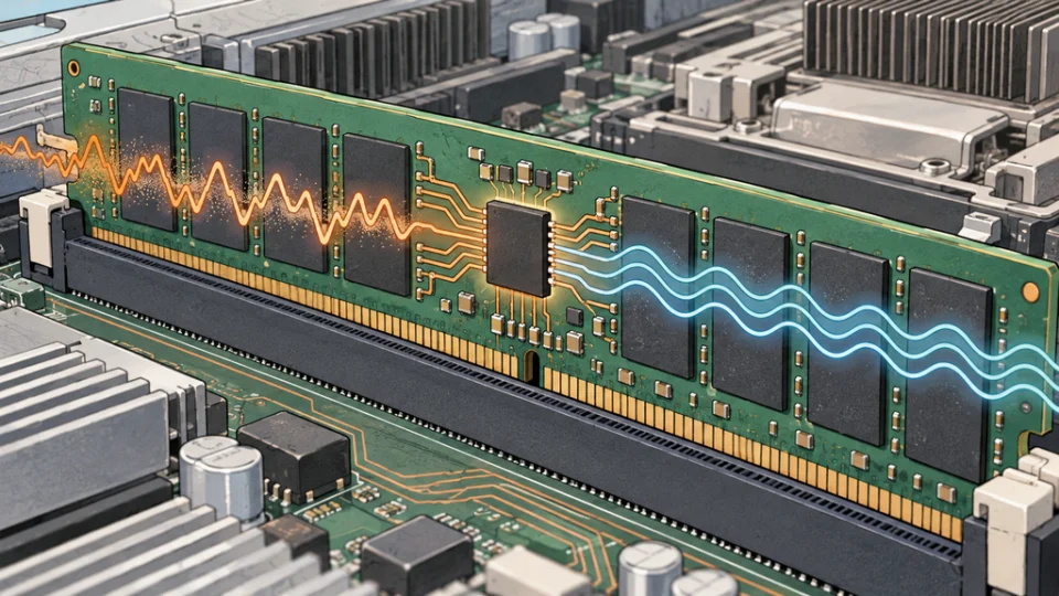 サーバーのマザーボードに装着されたDDR5 RDIMM。基板上のクロックドライバーから周囲のメモリーチップへ信号が伝わり、波形が整う様子を描いたイラスト。
