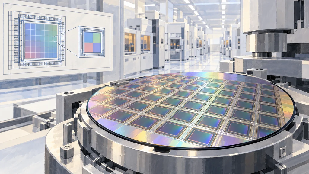 明るい半導体クリーンルームで、画像センサーの画素配列を描いたパネルを背景に、製造装置に載せたウェハー上のセンサー群を描く編集イラスト。
