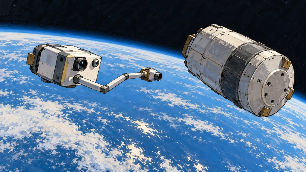 地球の青い地平線を背景に、カメラを向けた小型の検査宇宙機が可動ブーム先端の推進器を備え、間隔を保って運用終了衛星へ接近する手描き風イラスト。
