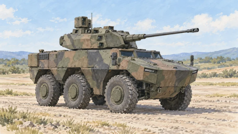 明るい演習場に停車する、40mm機関砲を備えた六輪の偵察戦闘車Jaguar R3。