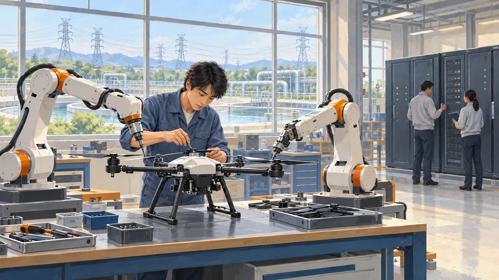 作業者がロボットアームとともに汎用ドローンを組み立て、隣の設備室では技術者がサーバーを点検している編集イラスト。窓の外には送電設備と水処理施設が見える。
