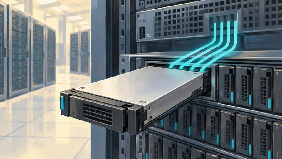 データセンターのラック内に差し込まれた無銘のエンタープライズSSDを前景に、ホストサーバーとの間を4本の青緑色の光路が結ぶ編集イラスト。