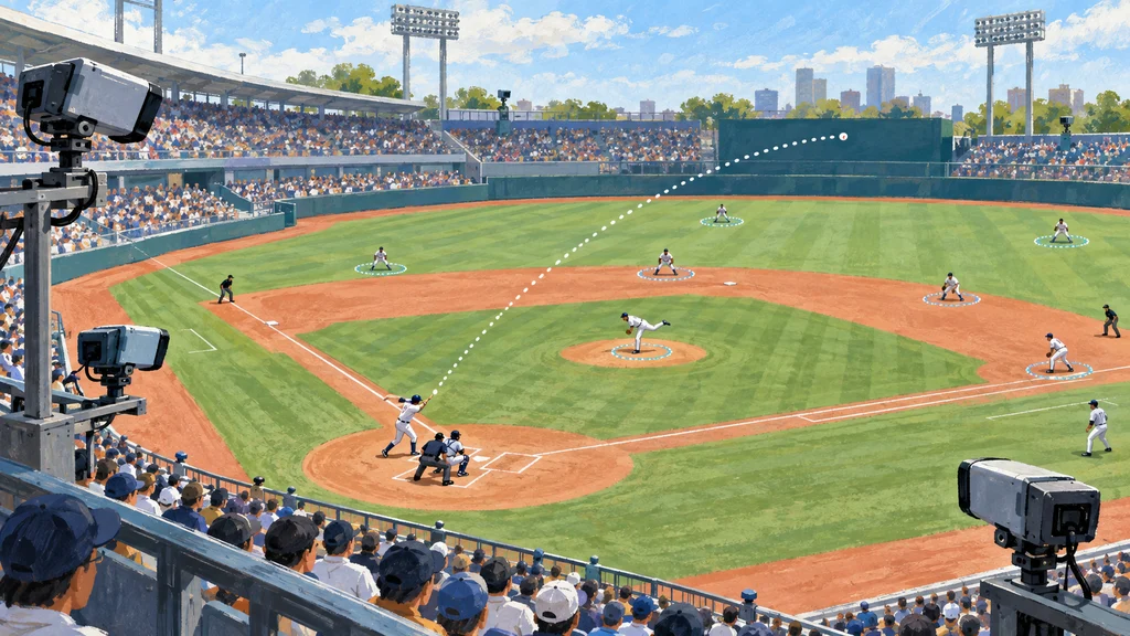 昼の野球場を複数の固定カメラが見渡し、投球の軌道と選手の位置が点線や位置マークで示されたイラスト。