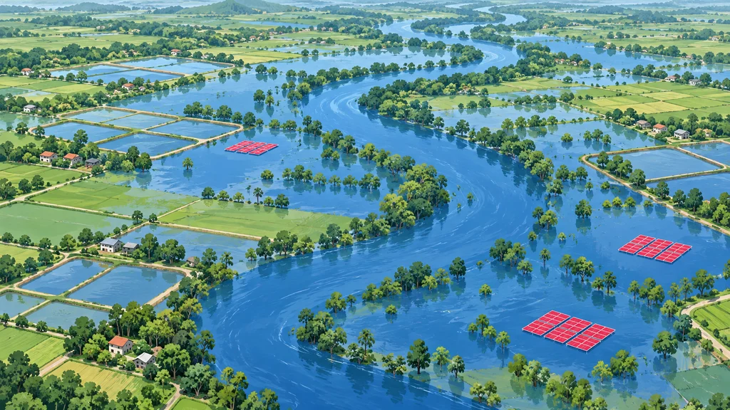 タイのバンパコン川が蛇行する農地の俯瞰イラスト。濃い青の洪水が川の両岸の緑地や養殖池に広がり、水上に赤い太陽光パネルが見える。