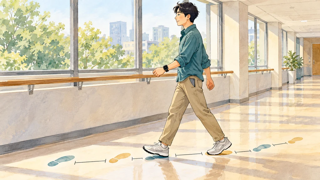 明るい屋内通路を歩く人の手首にスマートウォッチが装着され、足元には歩幅を示す控えめな足跡と距離目印が描かれた編集イラスト。