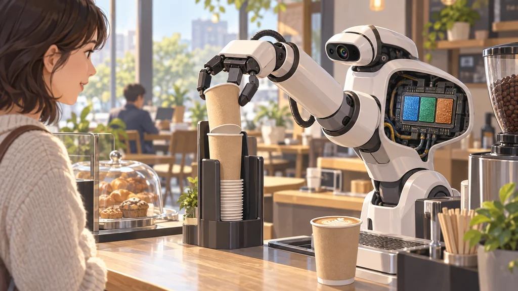 カフェで紙カップを扱うロボットアームと、胴体内の統合チップ