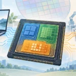 CPU、内蔵GPU、NPUを統合したSoCを中心に、ノートPCと産業用エッジ機器を描いた編集イラスト