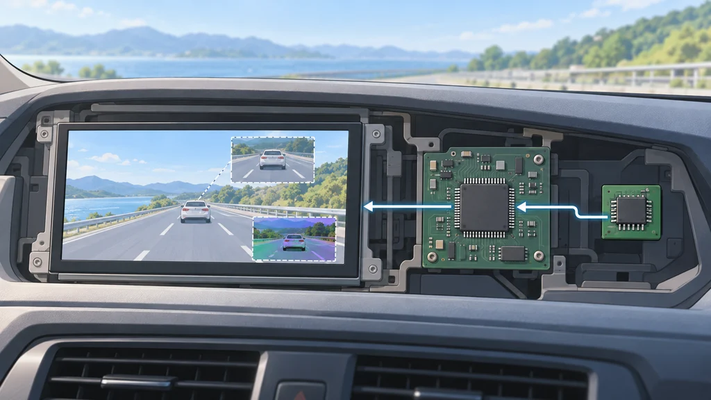 車載ダッシュボードのLCDに道路映像が表示され、映像処理ICがSPI Flashから受けた映像信号を確認して画面へ送る様子。画面の一部に映像停止と色の異常を示す表現がある。