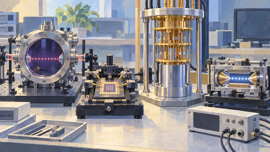 量子計算の4方式を評価する作業台。中性原子の列、スピン量子ビットを表すシリコンチップ、極低温装置内の超伝導プロセッサー、捕捉イオン装置が並ぶ。
