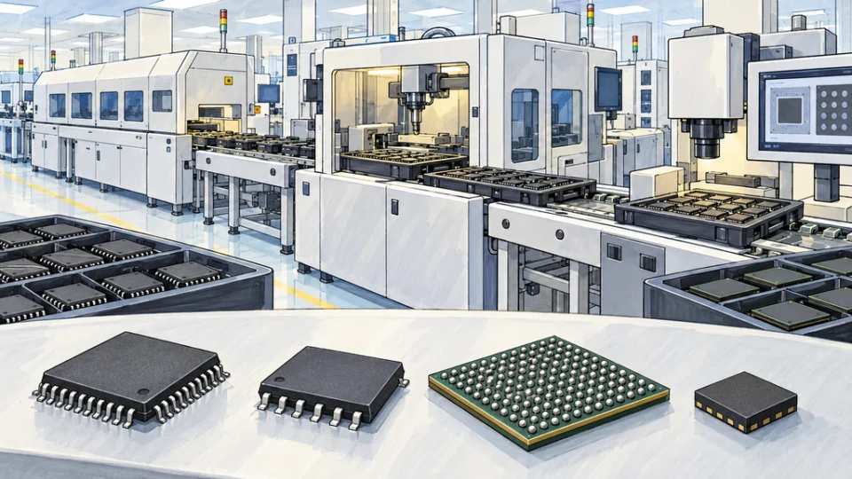 計画中の半導体組み立て・検査を表す編集イラスト。設備ラインを背景に、リード付きパッケージやボール端子付き基板型パッケージなどが前景に並ぶ。