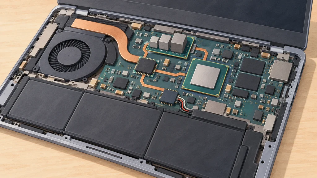 ノートPCの基板を斜め上から見た編集イラスト。基板上の電源部品がプロセッサーへつながり、手前にはバッテリーが配置されている。