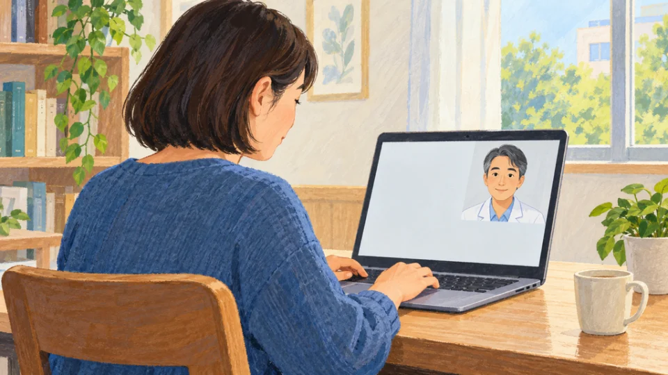 外来受診前、患者がノートパソコンで問診に入力し、画面の医師がビデオ通話で見守る様子を描いたイラスト。
