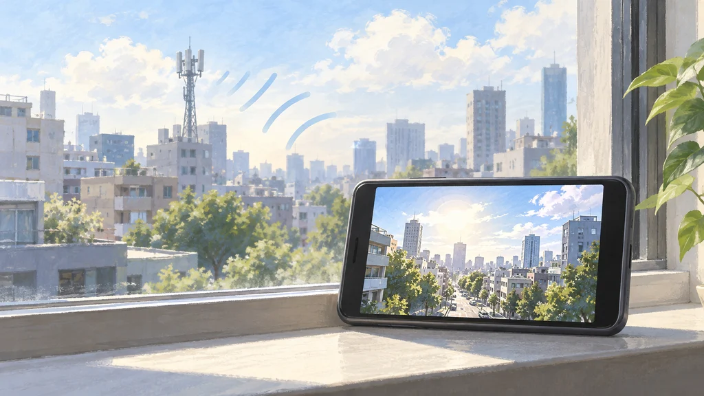 窓辺に置かれた無地のスマートフォン。画面には空と建物の明暗が見える街並みが映り、遠景の携帯基地局から端末へ淡い電波の弧が伸びる。