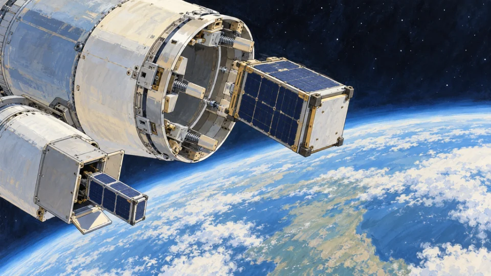 地球を背景に、ロケットの衛星分離部から小型衛星が離れ、近くのポッドから3U衛星も放出される様子。