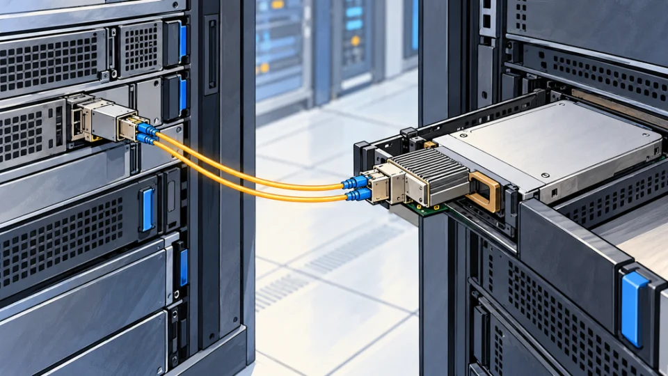 データセンターの計算機とストレージモジュールを、光トランシーバーと光電融合モジュールを介した2本の光ファイバーで接続した編集イラスト。
