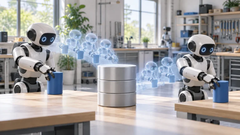 ロボットのサービス動作が記録ファイルに保存され、同じ動作を再生する概念図