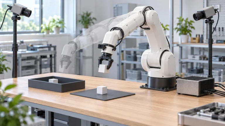 手首と外部2台のカメラを備えた作業台で、連続動作するロボットアームとエッジ計算機