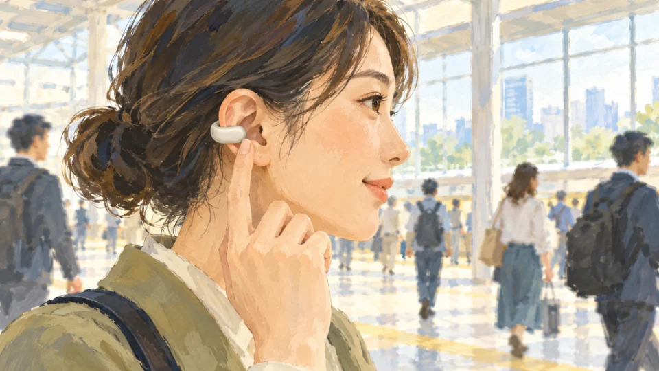 明るい駅構内で、耳を塞がないイヤーカフ型イヤホンを装着した通勤者が指先で本体に触れている水彩風イラスト。周囲には通行人が見える。