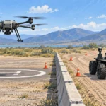 試験区域を飛行する無人航空機と、自律走行するロボットを描いた編集イラスト