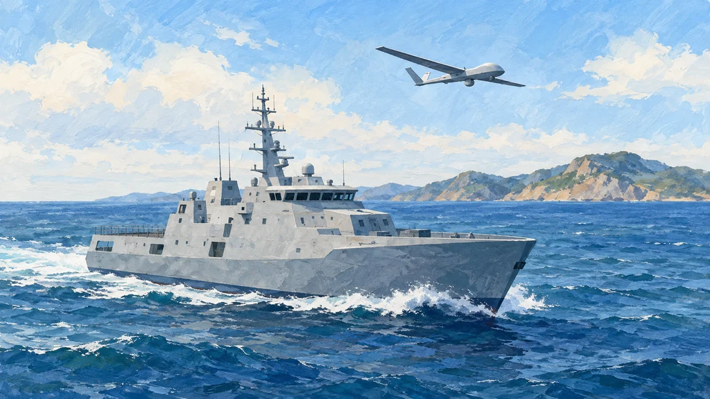 島影の見える海を進む哨戒艦と、その上空を飛ぶ艦載ドローンを描いた水彩調の編集イラスト。