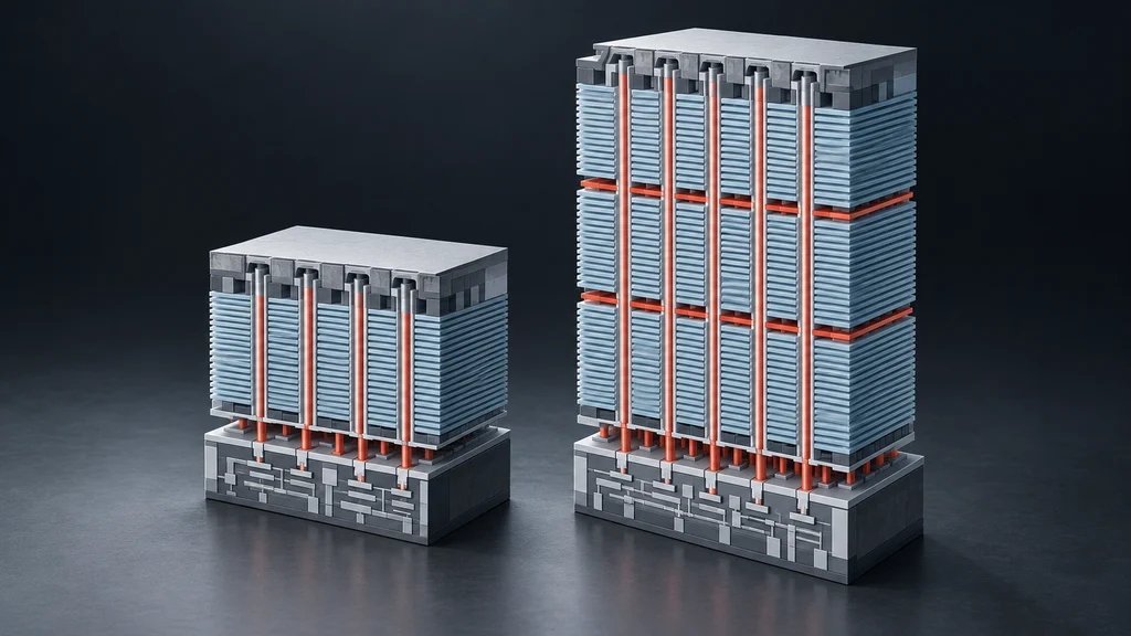 短い従来世代と比較して3段のセル積層と垂直接合で高密度化したV-NAND V10の技術イラスト