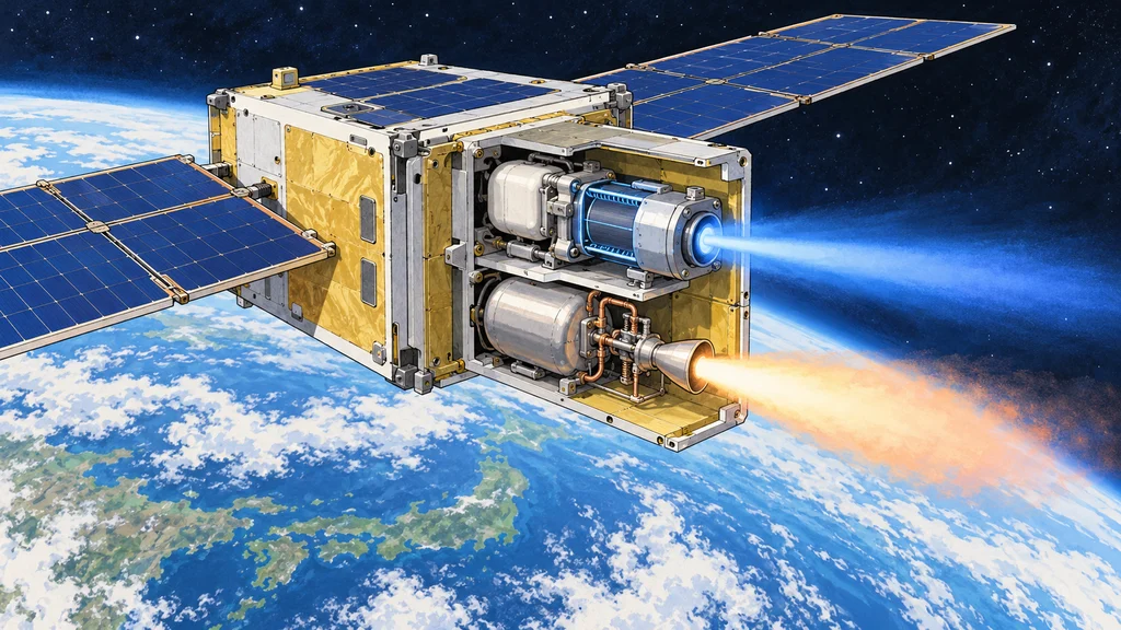 地球を背景にした衛星の編集イラスト。衛星に搭載された共通の推進モジュール内に2種類の推進機が描かれ、それぞれから細い推力の噴流が伸びている。