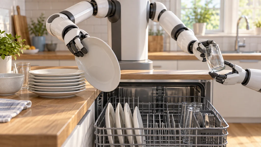 ロボットアームが重ねた皿を分離して食洗機へ入れ、別の手でグラスを持ち替える様子