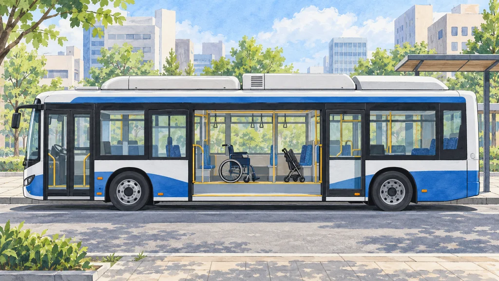 明るい市街地の停留所に停車する低床路線バス。屋根には簡潔な機器カバーがあり、窓越しに段差のない客室と車いす、折りたたみ式ベビーカーが見える。