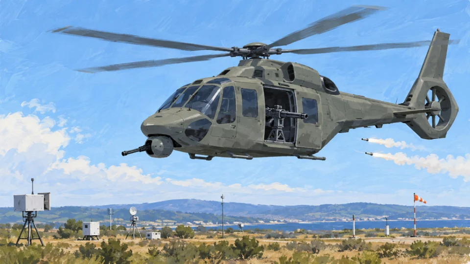 計測機器を置いた試験区域の上空を飛ぶ軍用ヘリコプター。機軸方向の機関砲ポッドとドア位置の銃器を備え、後方にデコイを放出している。