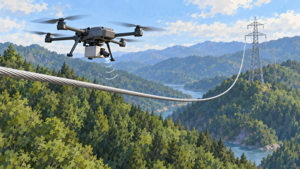 山間の送電線に沿って飛ぶ小型ドローン。機体下部の制御モジュールとカメラが電線へ向き、距離を測りながら追従点検する様子を描いたイラスト。