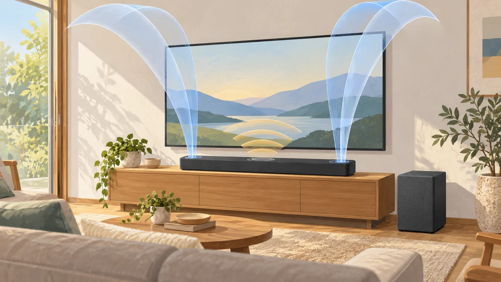 テレビの下に置かれたサウンドバーの両端から音の軌跡が上方へ広がり、中央から画面へ向かう音の軌跡と、横に置かれたサブウーファーを描いたリビングの編集イラスト。