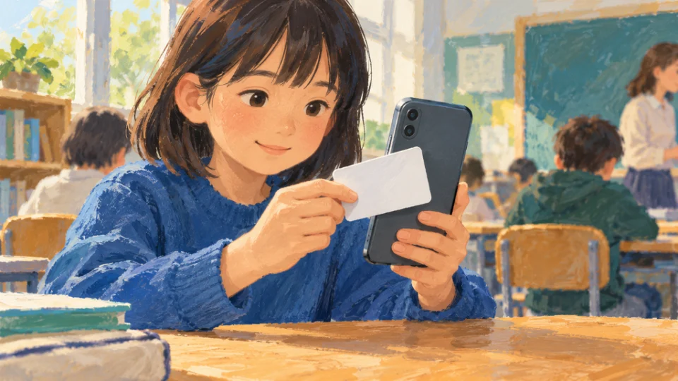 学習机で児童が無地のICカード型ウォレットをスマートフォンの背面にかざし、受講実績を証明する操作を示すイラスト。