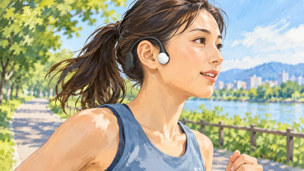 明るいランニングコースを走る人物の横顔。耳穴をふさがず、耳の前にスピーカー、耳周りに柔軟なハンガー、耳の後ろに部品を配したヘッドホンを描く編集イラスト。