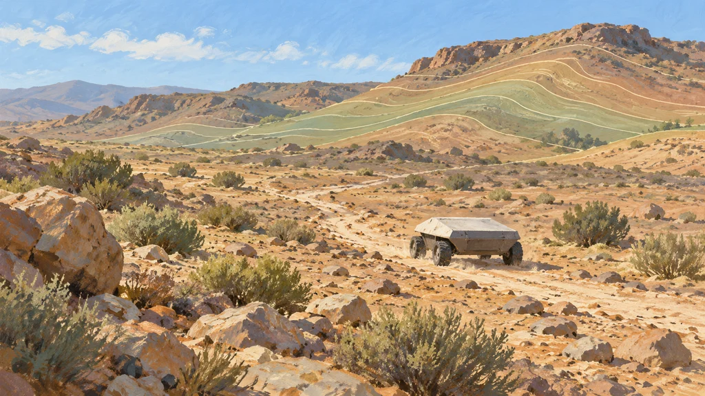 スペイン南東部を思わせる岩の多い乾燥地で、簡略化した探査車の試作機が走行跡をたどる編集イラスト。遠景の斜面には標高情報を示す控えめな等高線が重ねられている。