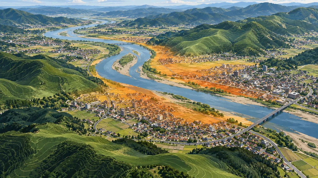 山地を流れる川沿いに町や農地が広がり、地形と集落の密度を重ねて災害リスクを示す概念イラスト。