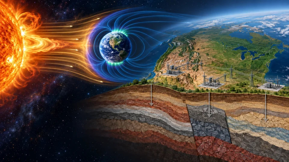 太陽風による地磁気変化と、米国の変電所ごとの地質条件を組み合わせた宇宙天気リスク推定の概念図