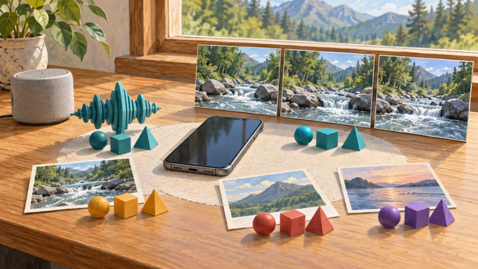 窓辺の机に置いた無銘のスマートフォンのそばで、音波の形と川の流れを少しずつ映す動画フレームが、共通の幾何学形状で表現されている。