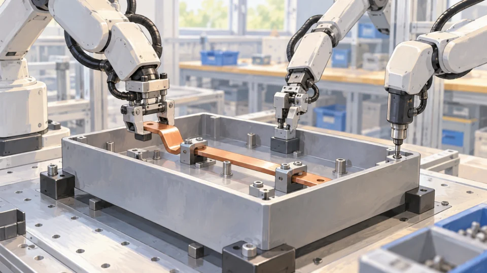 3本の産業用ロボットアームが作業台上の検査用トレイを囲み、銅色のバスバーを位置合わせして挿入しながら、別のアームがねじ締めを進める編集イラスト。