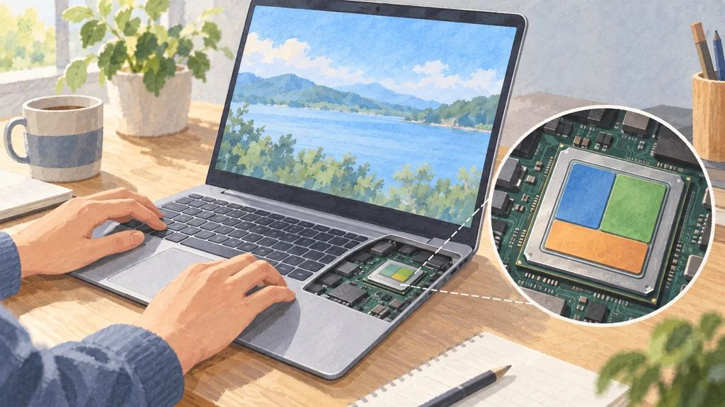 Intel Core Ultra Series 3を搭載したノートPCと、CPU・GPU・NPUを統合したプロセッサーの図解