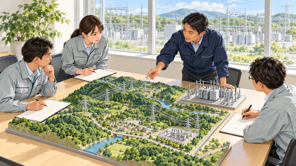 送電網の地図模型を囲み、変電設備と無地の資料を見比べながら保守計画を相談する電力会社の担当者たち。