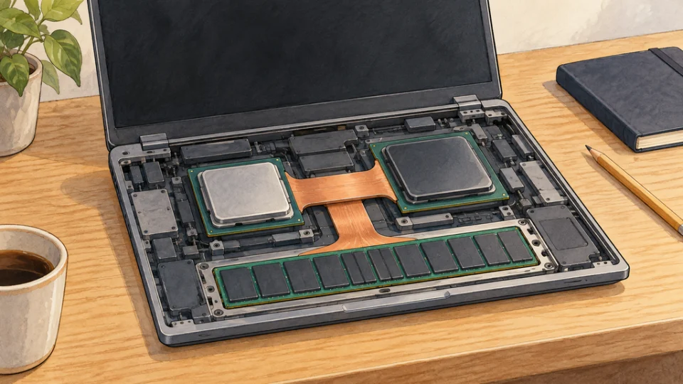 机上のノートPCを開いた断面イラスト。内部のCPUとGPUが銅色の接続部で共有メモリーに結ばれ、統合メモリー構成を示している。