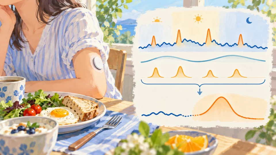 食卓のCGMセンサーを着けた腕の横に、緩やかな基線と短期的な血糖上昇を分けた図、および食前データから食後の軌跡を予測する図を描いた編集イラスト。
