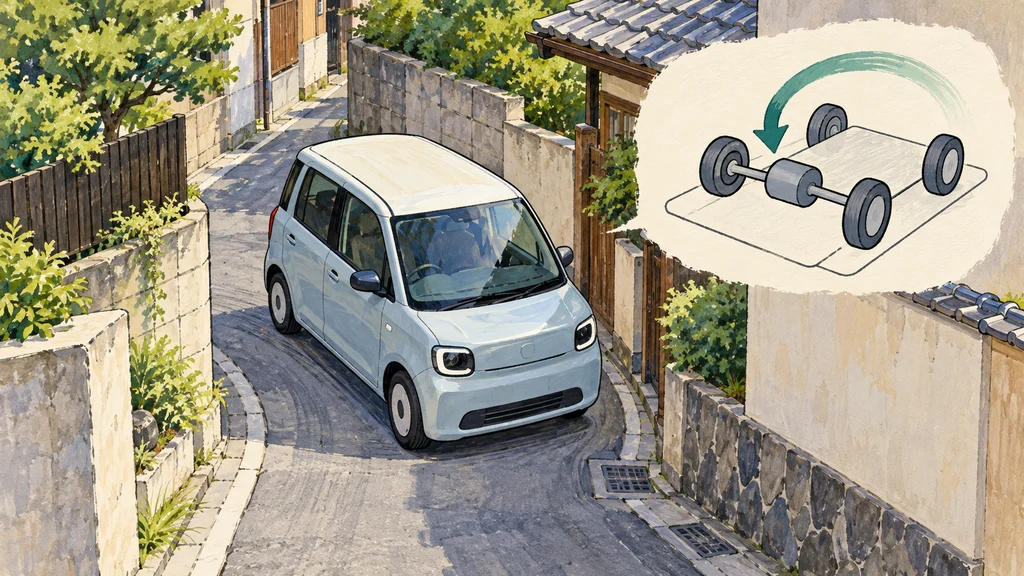 日本の住宅街の細い道を曲がる小型の軽乗用EV。横にはEV専用プラットフォームとeAxle、回生ブレーキを抽象的に示す線画が添えられている。