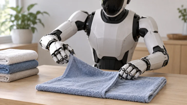 人型ロボットの多指ハンドがタオルの縁をつまみ、折り畳んでいる編集イラスト