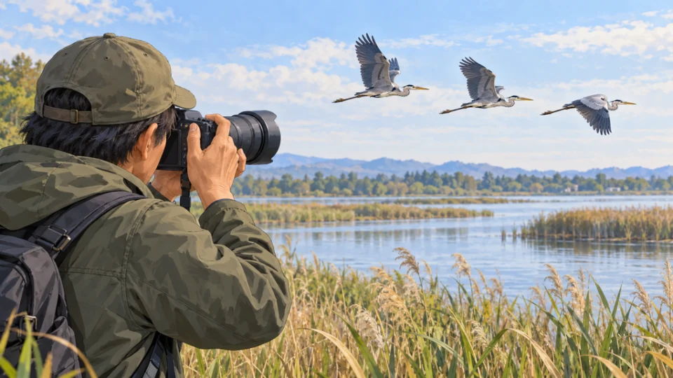 湖畔のヨシ原で、撮影者が一体型ズームレンズのカメラを構え、飛ぶ鳥を連写で追う様子。