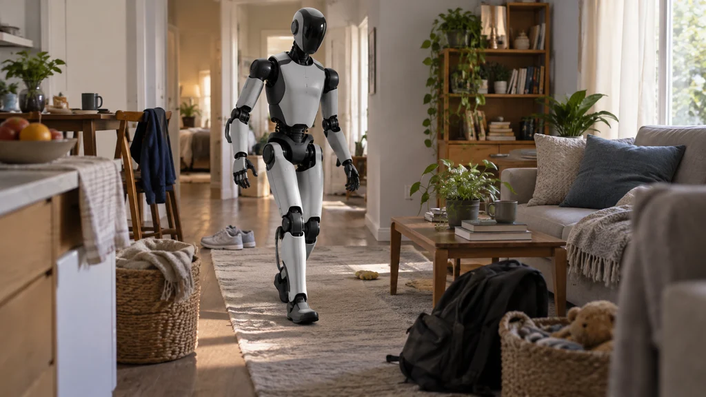 物が置かれた住宅内を歩行する人型ロボット