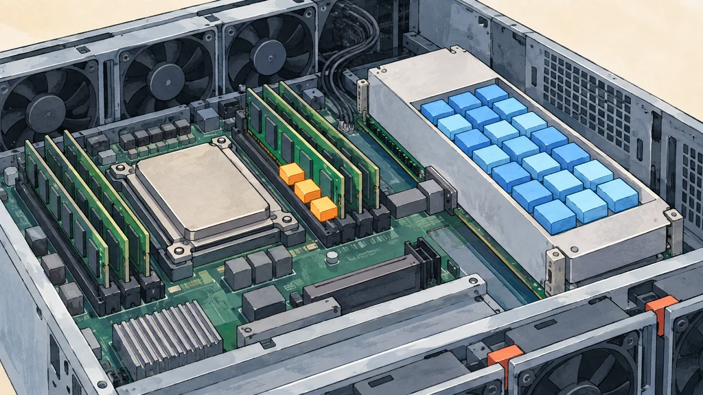 サーバー内部で、プロセッサ近くのDRAMと、CXLで接続されたフラッシュ拡張モジュールにデータブロックを分けて配置する様子を描いたイラスト。