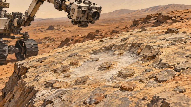 火星の岩盤に点在する幅3〜4ミリほどの円盤状構造を、キュリオシティのアーム先端カメラが接写する様子を描いた編集イラスト