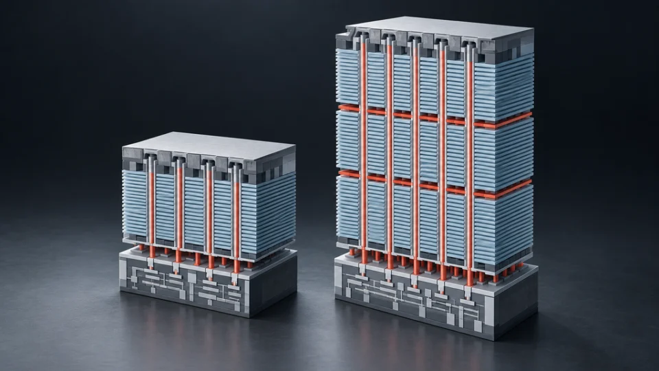 短い従来世代と比較して3段のセル積層と垂直接合で高密度化したV-NAND V10の技術イラスト
